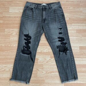 KanCan Destroyed Ripped Black Grey Straight Leg High Rise Cropped Jeans 13 / 30
